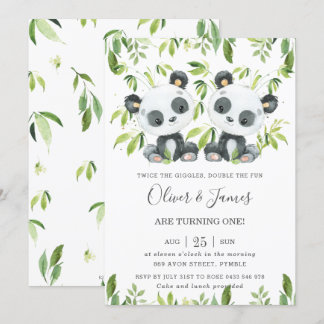 Niedlich Pandas Bamboo Greenery Twin Boys Geburtst Einladung