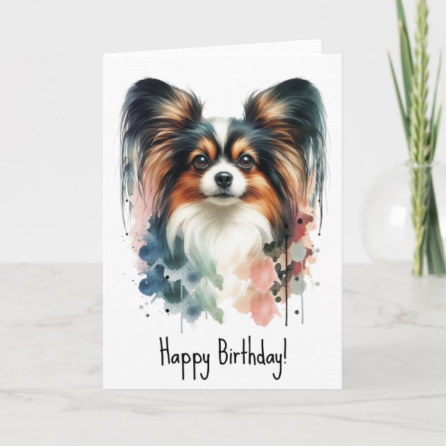 Niedlich Papillon Dog Wasserfarben Art Karte (Vorderseite)