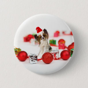 Niedlich Papillon Dog Weihnachtsmannmütze Button