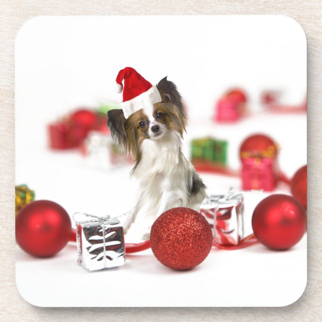 Niedlich Papillon Dog Weihnachtsmannmütze Getränkeuntersetzer (Vorderseite)