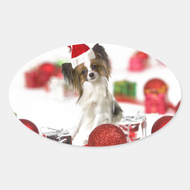 Niedlich Papillon Dog Weihnachtsmannmütze Ovaler Aufkleber (Vorderseite)