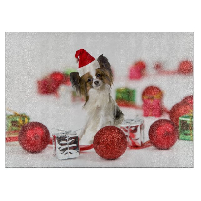 Niedlich Papillon Dog Weihnachtsmannmütze Schneidebrett (Vorderseite)