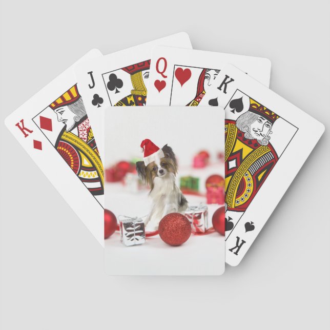 Niedlich Papillon Dog Weihnachtsmannmütze Spielkarten (Rückseite)