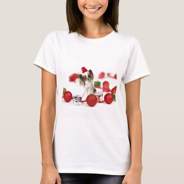 Niedlich Papillon Dog Weihnachtsmannmütze T-Shirt (Vorderseite)