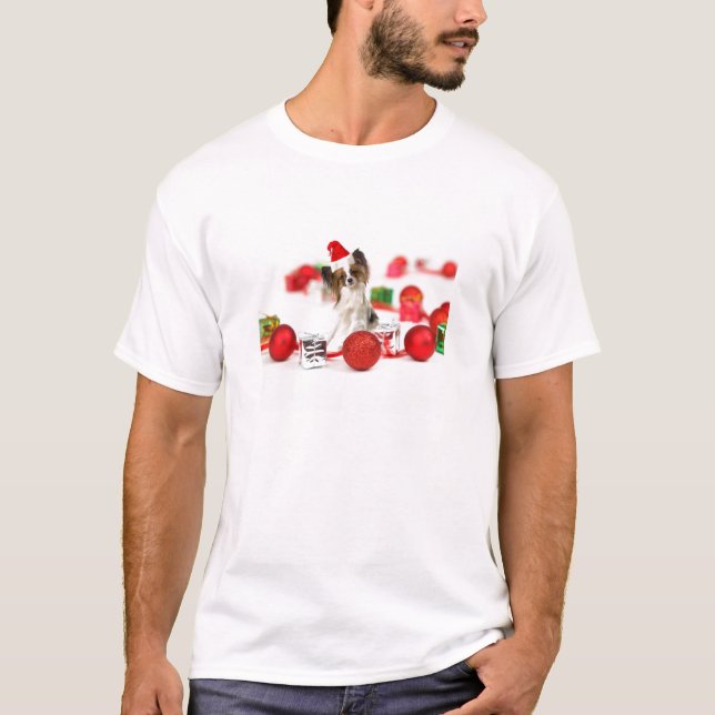 Niedlich Papillon Dog Weihnachtsmannmütze T-Shirt (Vorderseite)