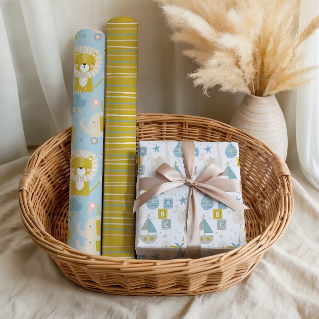 Niedlich Pastel Baby Boy Blue Elephant Stork Giraf Geschenkpapier Set (Von Creator hochgeladen)