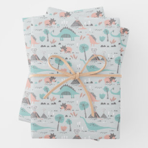 Niedlich Pastel Dinosaur Muster Geschenkpapier Set