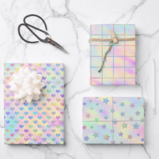 Niedlich, pastel, Holografisches Herz, Stern und P Geschenkpapier Set