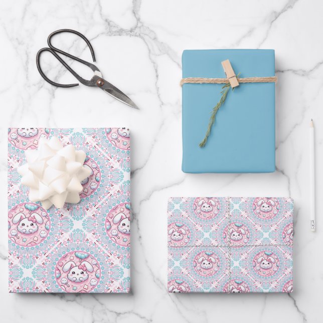 Niedlich Pastel Kawaii Bunny Dot Mandala Diamond T Geschenkpapier Set (Vorderseite)