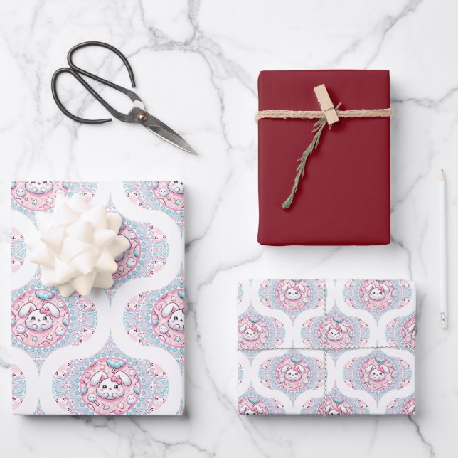 Niedlich Pastel Kawaii Bunny Dot Mandala Retro Oge Geschenkpapier Set (Vorderseite)