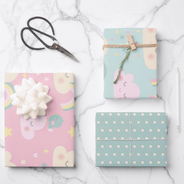 Niedlich Pastel Kawaii Clouds Regenbogenmuster Geschenkpapier Set (Vorderseite)