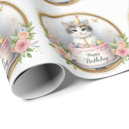 Niedlich Pastel Kitten Geburtstagskuchen - Geburts Geschenkpapier