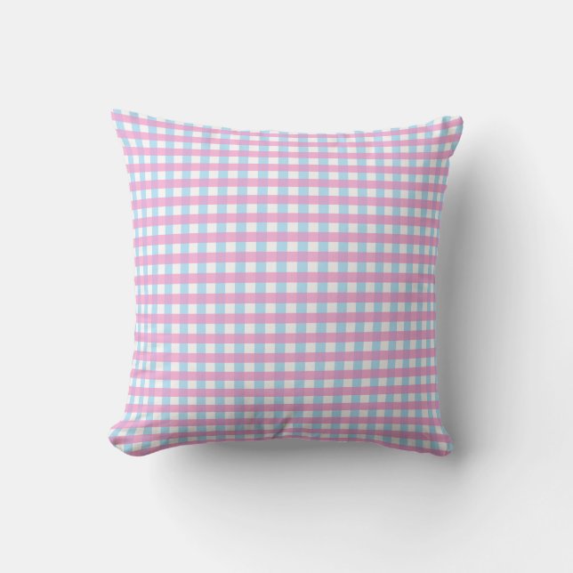 Niedlich Pastel Pink Blue Gingham Karo Kissen (Vorderseite)