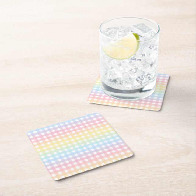 Niedlich Pastel Rainbow Gingham Kariert Rechteckiger Pappuntersetzer (Vor Ort)