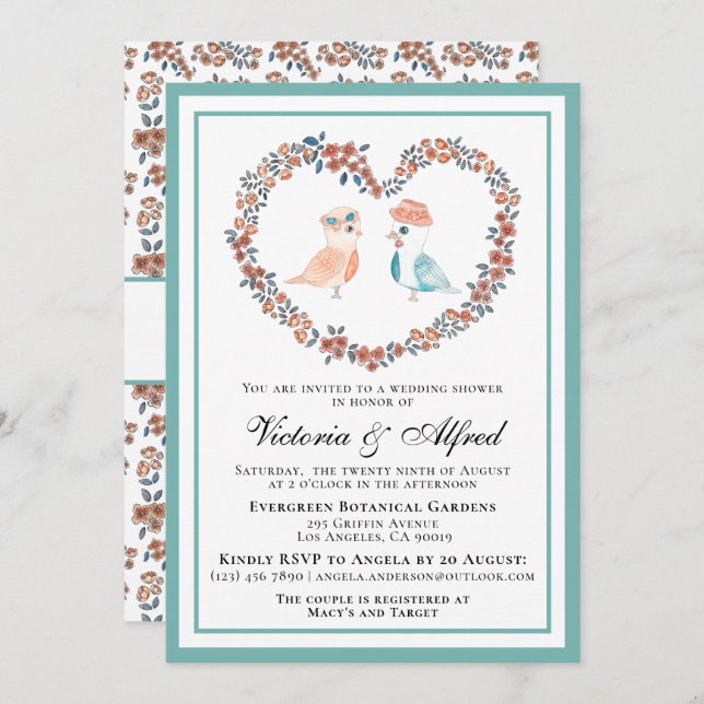 Niedlich Pastel Watercolor Love Birds Paare Dusche Einladung (Vorne/Hinten)