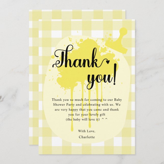 Niedlich Pastel Yellow Gingham Baby Dusche Dankeskarte (Vorne/Hinten)