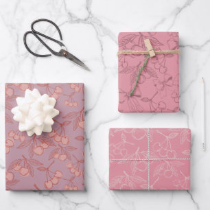 Niedlich Pastell Pink & Lilac Girly Cherries & Bow Geschenkpapier Set