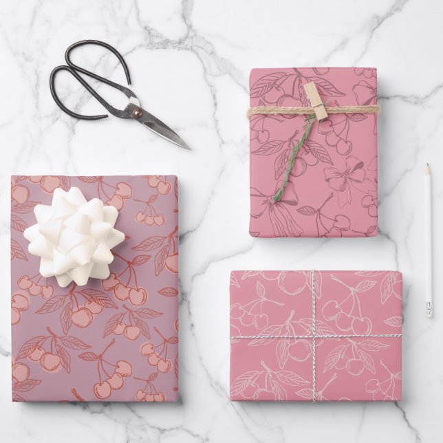 Niedlich Pastell Pink & Lilac Girly Cherries & Bow Geschenkpapier Set (Vorderseite)