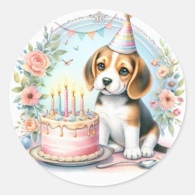 Niedlich Pastell Welpe Beagle - Geburtstag Runder Aufkleber (Vorderseite)