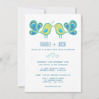 Niedlich Peacock Love Birds Hearts Wedding Einladung