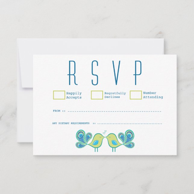 Niedlich Peacock Love Birds Wedding RSVP Cards (Vorderseite)