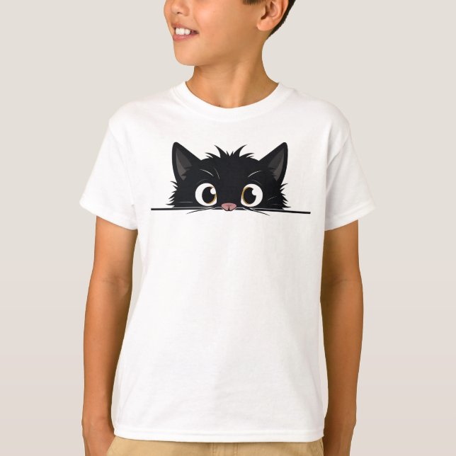 Niedlich Peeking Black Cat T-Shirt (Vorderseite)