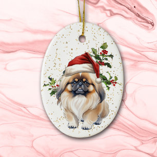 Niedlich Pekingese Dog Christmas Holly Keramik Ornament