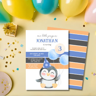Niedlich Penguin Balloon Boy Geburtstag Einladung