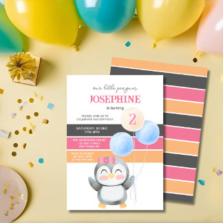 Niedlich Penguin Balloon Girl Geburtstag Einladung