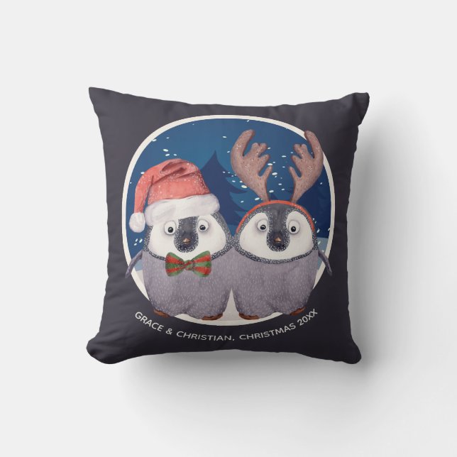 Niedlich Penguin Couple Christmas Kissen (Vorderseite)