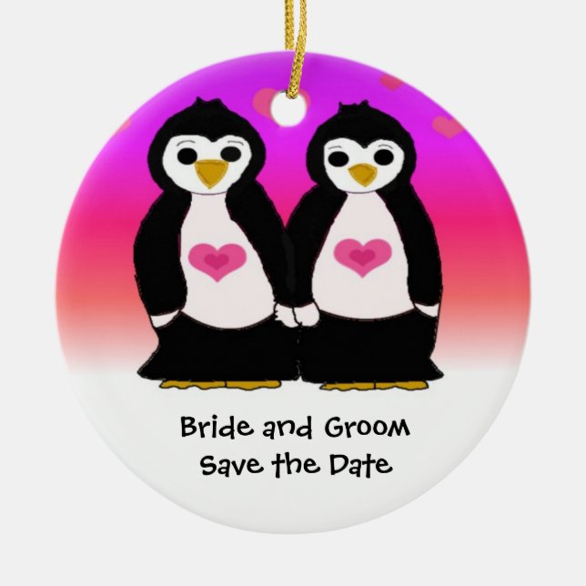 Niedlich Penguin Couple Save the Date Keramik Ornament (Vorne)