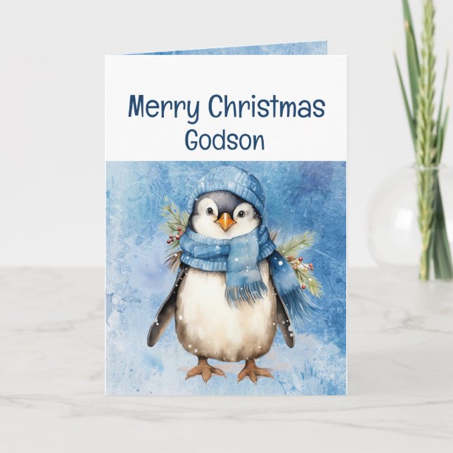 Niedlich Penguin Fun Animal Godson Weihnachten Karte (Vorderseite)