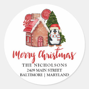 Niedlich Penguin Gingerbread Rücksendeadresse Runder Aufkleber