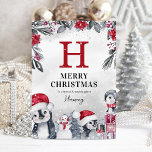 Niedlich Penguin Grandtochter Weihnachten Karte<br><div class="desc">Niedliche Enkeltochter Weihnachtskarte mit ausgewaschtem grauem Hintergrund,  eleganten Weihnachtsbildern & Blättern,  bezaubernden Pinguinen,  Schneemann,  Geschenke und einer eleganten personalisierten Vorlage mit Ihren Enkelkindern Initial und Name.</div>