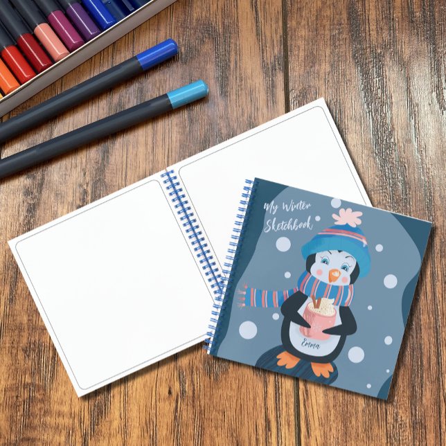 Niedlich Penguin Kid Blue Winter Sketchbook Notizbuch (Von Creator hochgeladen)
