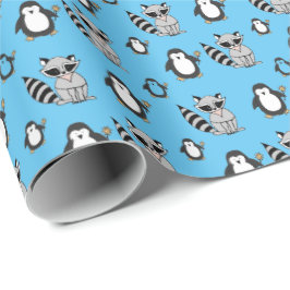 Niedlich Penguin Racoon Buddies Baby Geschenk Blue Geschenkpapier