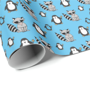 Niedlich Penguin Racoon Buddies Baby Geschenk Blue Geschenkpapier