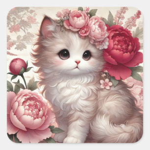 Niedlich Peony Princess Cat Quadratischer Aufkleber