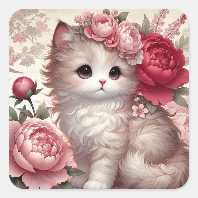 Niedlich Peony Princess Cat Quadratischer Aufkleber (Vorderseite)