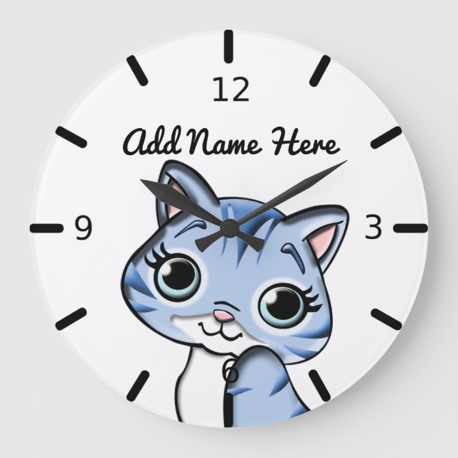 Niedlich Personalisiert Blue Kitten Große Wanduhr (Vorderseite)
