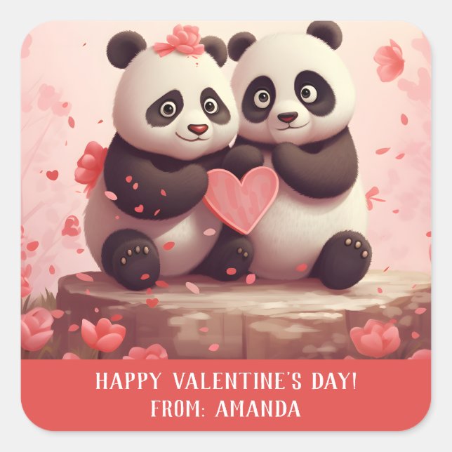 Niedlich Personalisiert Panda Valentine Quadratischer Aufkleber (Vorderseite)