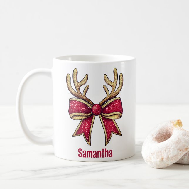 Niedlich Personalisierte Reindeer Bow Weihnachten Kaffeetasse (Mit Donut)