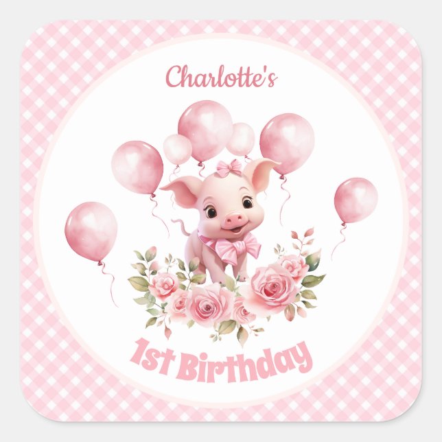 Niedlich Pig Pink Farm Girl 1. Geburtstag Sticker (Vorderseite)
