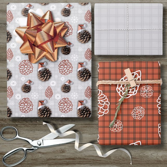 Niedlich Pinecone Weihnachtskunst Snowflake Rot Geschenkpapier Set (Von Creator hochgeladen)