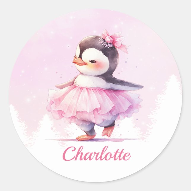 Niedlich Pinguin Pink Ballerina Runder Aufkleber (Vorderseite)