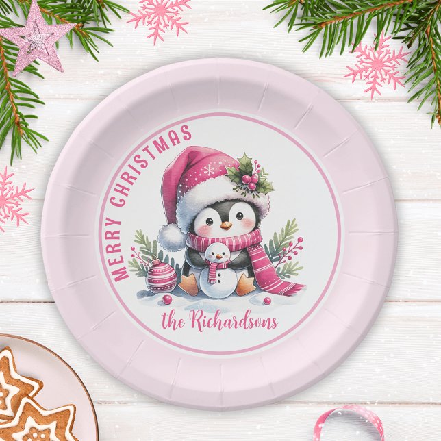 Niedlich Pinguin Pink Personalisiert Frohe Weihnac Pappteller (Von Creator hochgeladen)