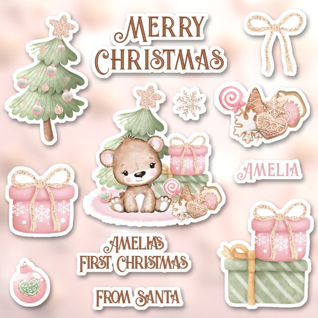 Niedlich Pink 1. Weihnachtsname Bär Kontakt Kiss C Aufkleber (Cute Pink 1st Christmas Name Bear Contour Kiss Cut Stickers)