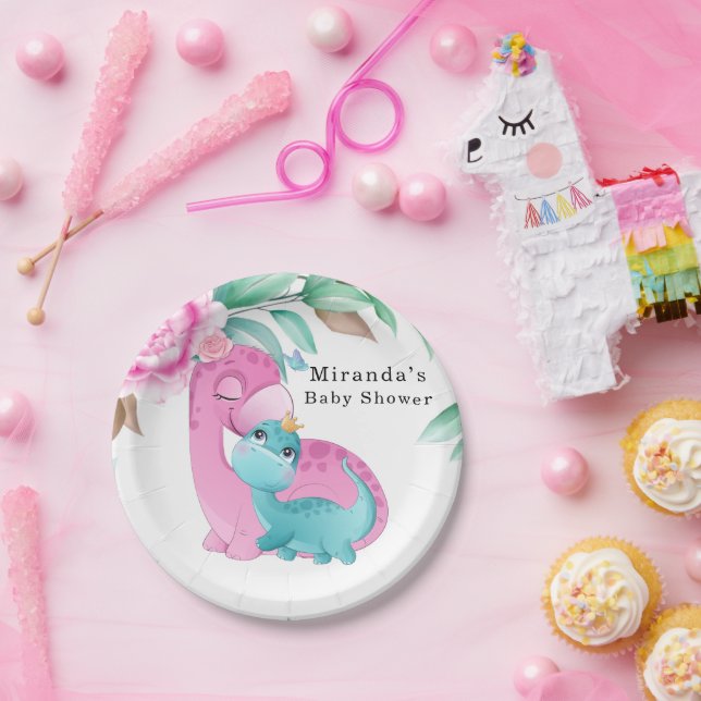 Niedlich Pink Aquamarin Dinosaurier Peony Baby Gir Pappteller (Party)