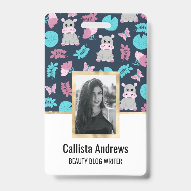 Niedlich Pink Aquamarin Hippo Floral Butterfly Lil Ausweis (Vorderseite)