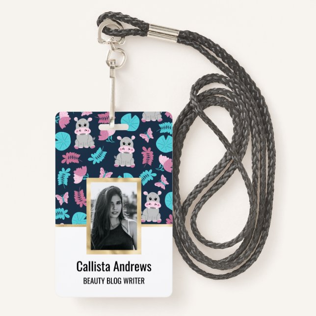 Niedlich Pink Aquamarin Hippo Floral Butterfly Lil Ausweis (Vorderseite mit Schlüsselband)